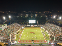 A nighttime view of Florida A&M football stadium, Ken Riley Field, at Bragg Memorial Stadium.