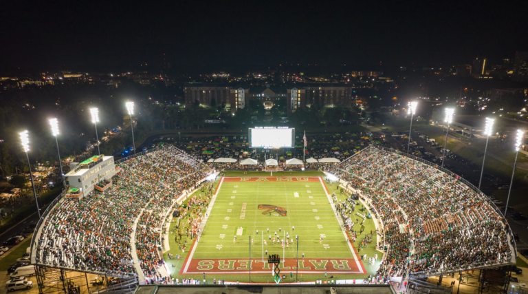 A nighttime view of Florida A&M football stadium, Ken Riley Field, at Bragg Memorial Stadium.