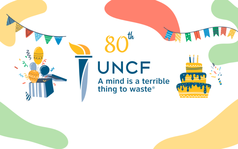 The UNCF logo celebrating their 80th anniversary, featuring a cake and candles.