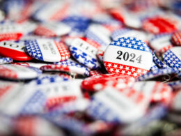 Closeup of election vote button with text that says 2024